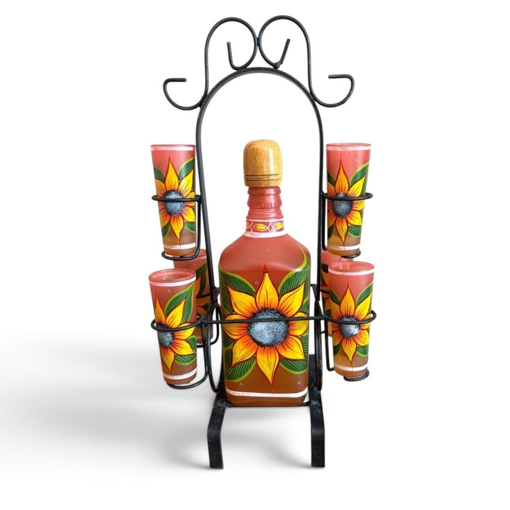 Mexican Hand Painted Sunflower Tequila Decanter Set 6 Shot Glasses Wrought Iron